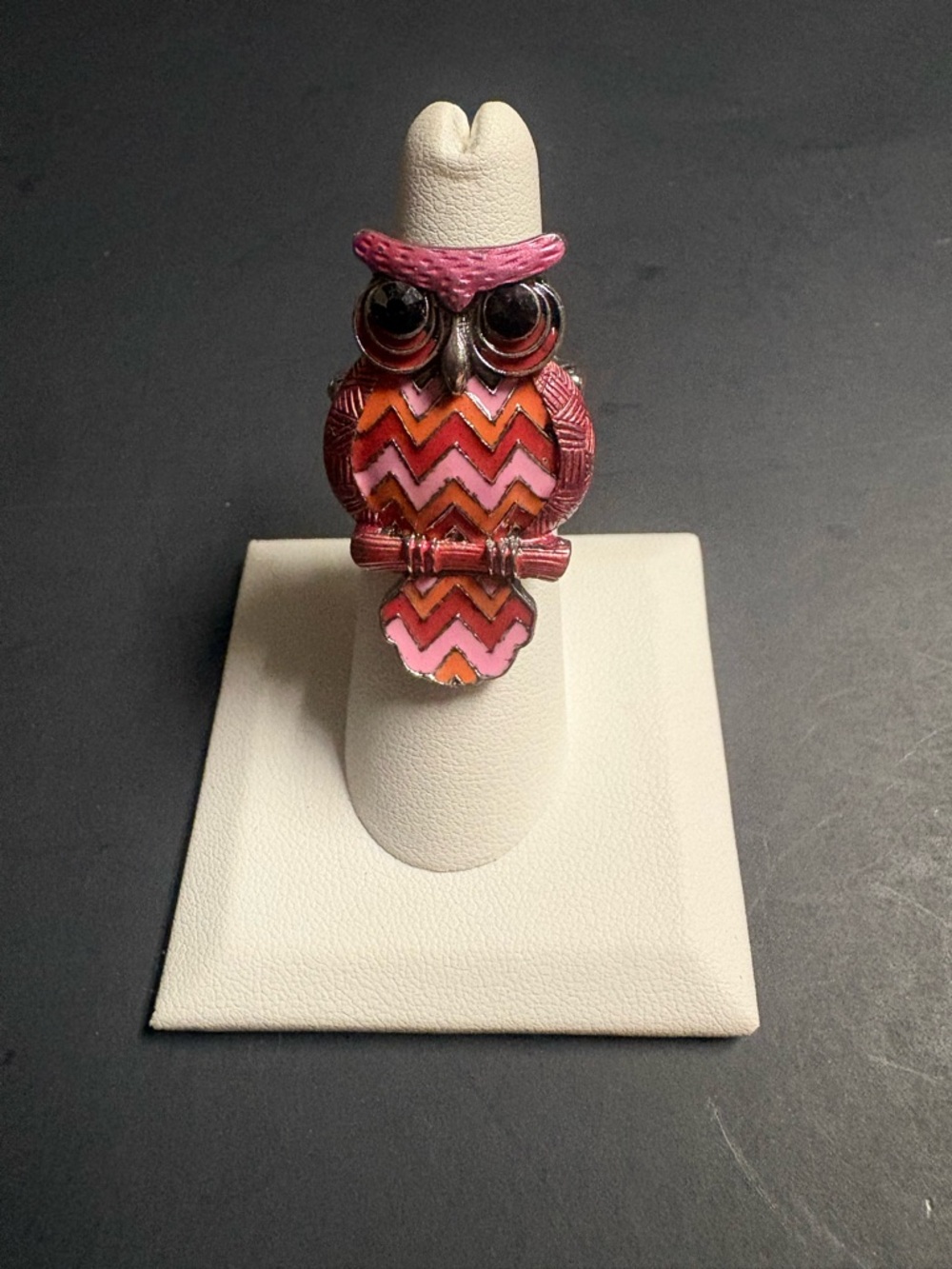 Chevron Owl Statement Stretch Ring in Pink, Red, and Orange